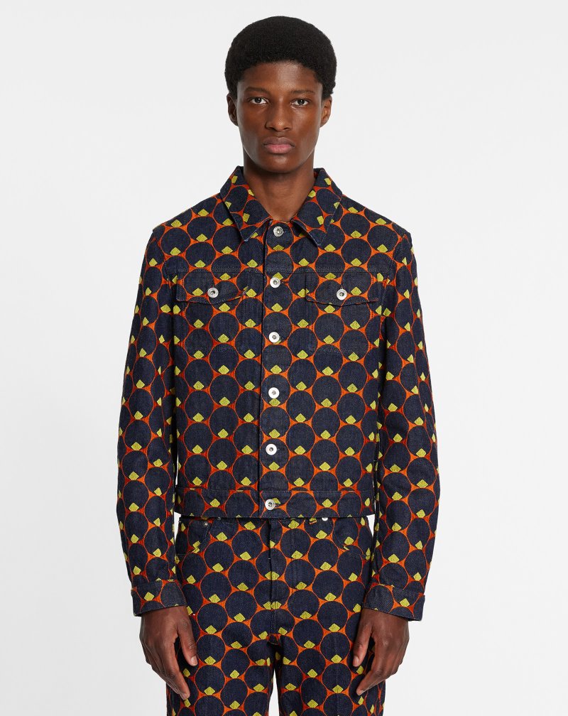 Lanvin Art Deco Embroidered Denim Jacket Jackor Herr Marinblå Blå Orange | XT08-7818D7