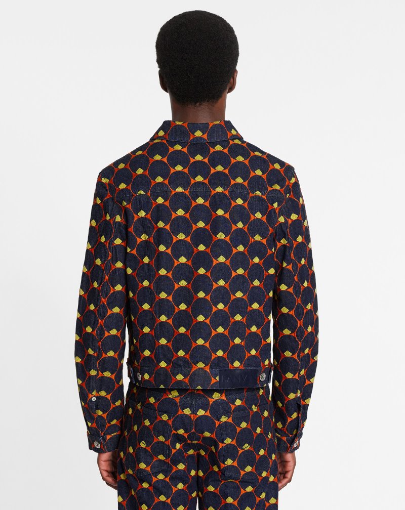 Lanvin Art Deco Embroidered Denim Jacket Jackor Herr Marinblå Blå Orange | XT08-7818D7