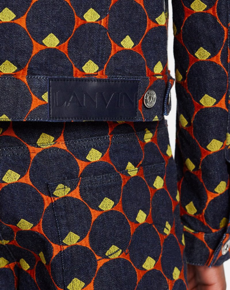 Lanvin Art Deco Embroidered Denim Jacket Jackor Herr Marinblå Blå Orange | XT08-7818D7