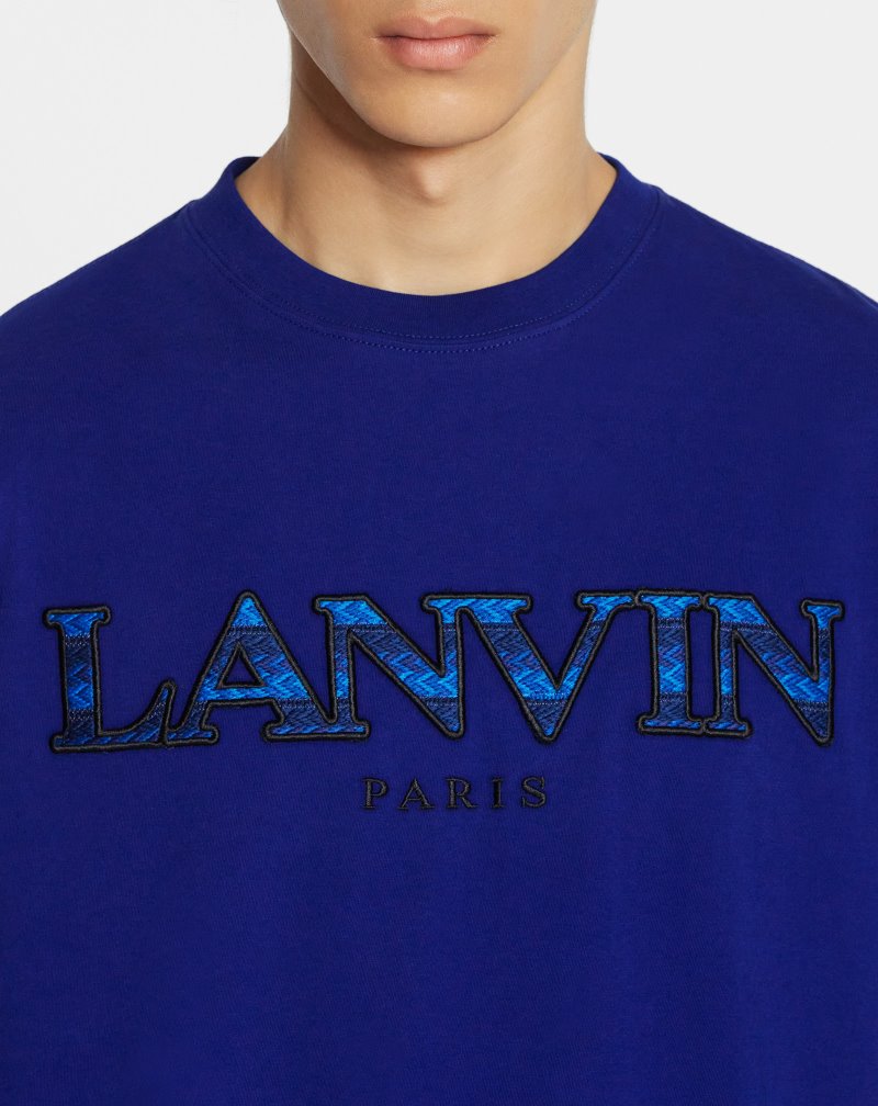 Lanvin Curb Embroidered T Shirts T-shirt Herr Blå | QB86-3986X1