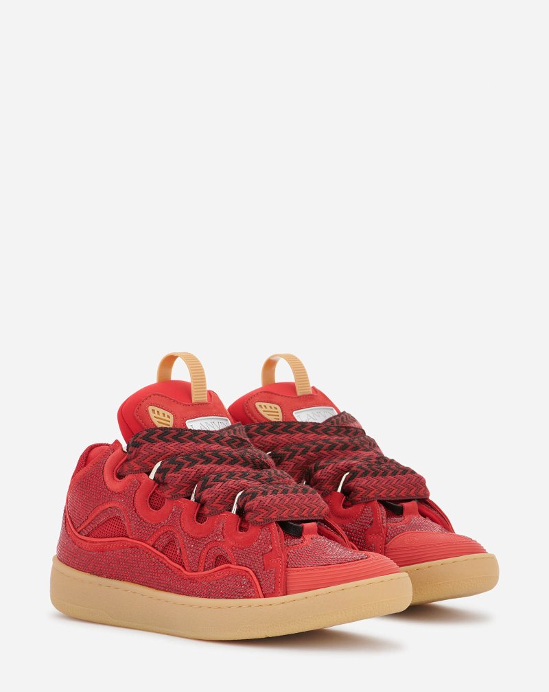 Lanvin Curb Leather And Rhinestone Sneakers Sneakers Dam Röda | KP58-7758K5