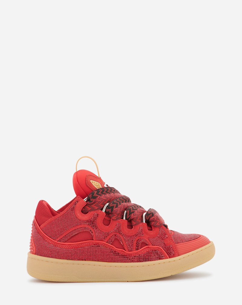 Lanvin Curb Leather And Rhinestone Sneakers Sneakers Dam Röda | KP58-7758K5
