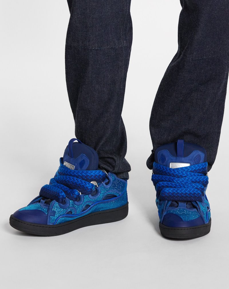 Lanvin Curb Leather And Rhinestone Sneakers Sneakers Herr Blå | QV24-3574J1