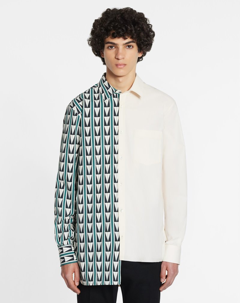 Lanvin Dual-print Shirts With Art Deco-inspired Triangles Skjorta Herr Gröna Beige | QE06-4196M8