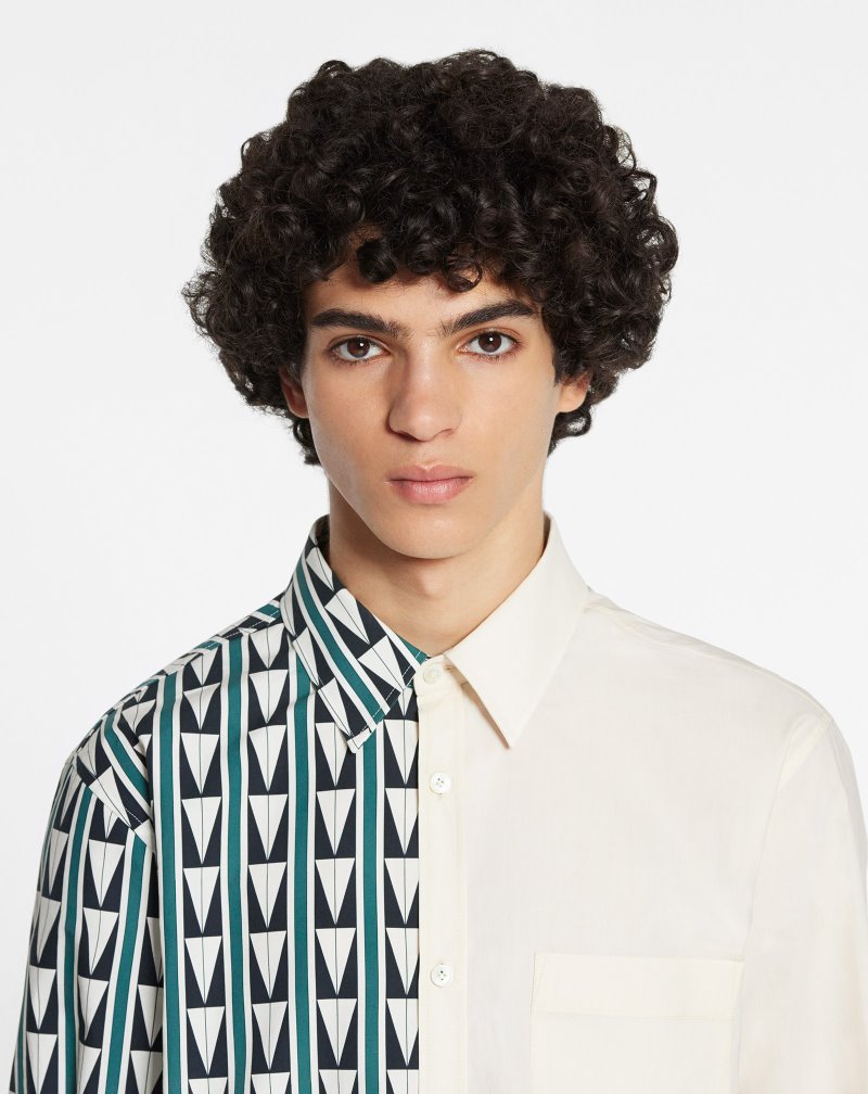 Lanvin Dual-print Shirts With Art Deco-inspired Triangles Skjorta Herr Gröna Beige | QE06-4196M8