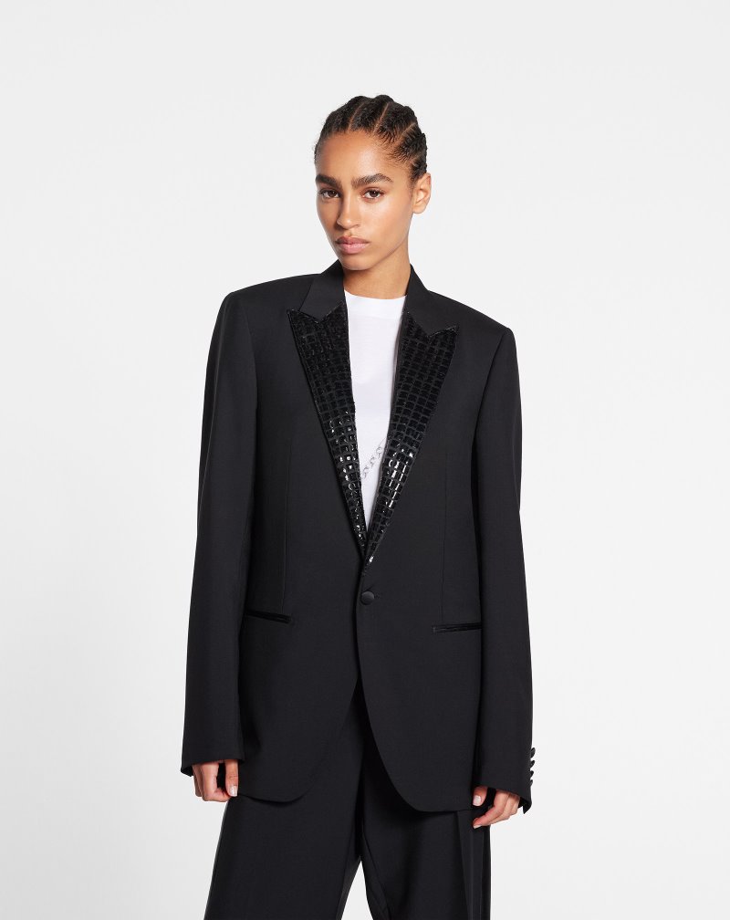 Lanvin Evening Tailored Jacket With Sequin-embroidered Lapels Jackor Dam Svarta | KJ97-3637P5