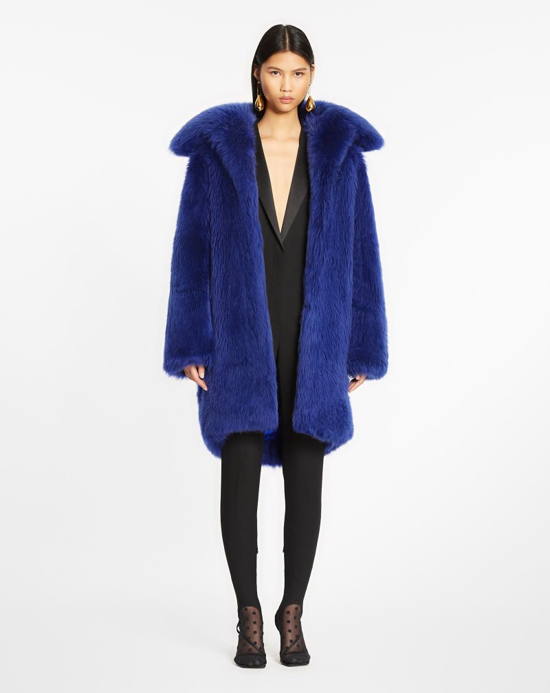 Lanvin Long Fur Coat Rockar Dam Blå | UL31-4961J7