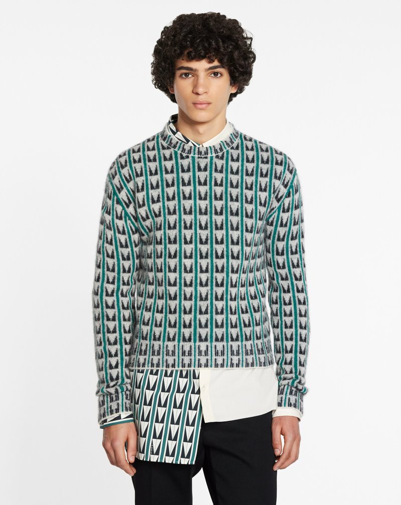 Lanvin Round Neck Jacquard Sweater With Art Deco-inspired Triangles Tröjor Herr Gröna | FL36-0666H2