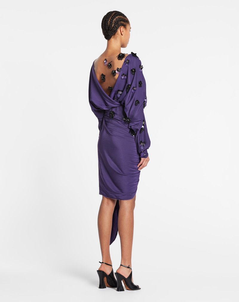 Lanvin Short Draped Long-sleeve Dress With Embroidery Klänning Dam Lila | ZZ04-3714Y2