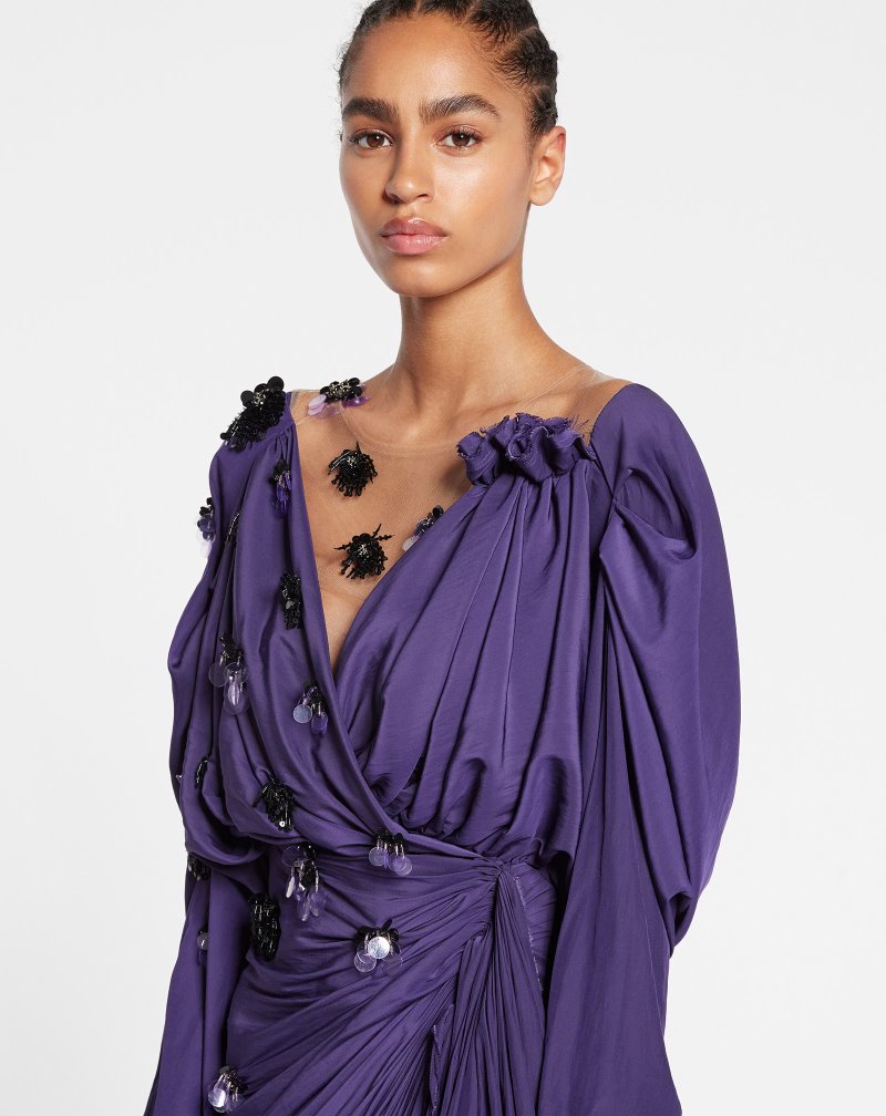Lanvin Short Draped Long-sleeve Dress With Embroidery Klänning Dam Lila | ZZ04-3714Y2