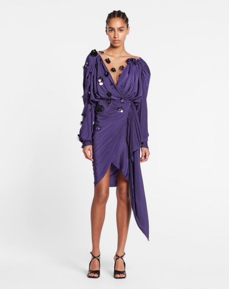 Lanvin Short Draped Long-sleeve Dress With Embroidery Klänning Dam Lila | ZZ04-3714Y2