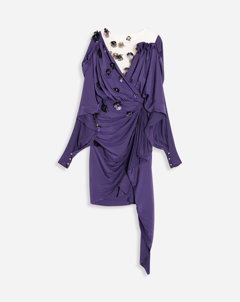 Lanvin Short Draped Long-sleeve Dress With Embroidery Klänning Dam Lila | ZZ04-3714Y2