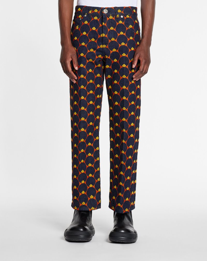 Lanvin Straight Pants In Art Deco Embroidered Denim Byxor Herr Marinblå Blå Orange | KC61-9091N0